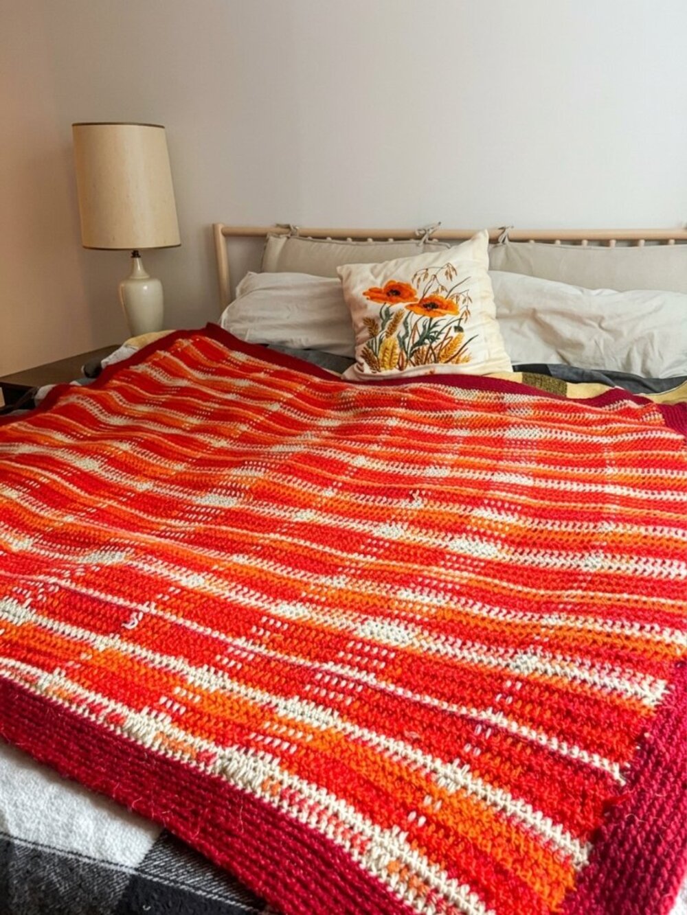 Handmade Vintage Red & Orange Striped Wool Throw Blanket | Cozy Bed Layering